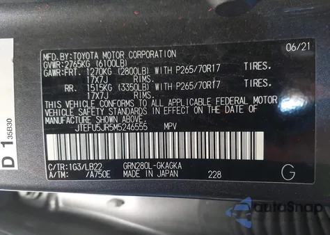 2021 Toyota 4Runner Sr5 Premium из США, поврежденный, VIN JTEFU5JR5M5246555